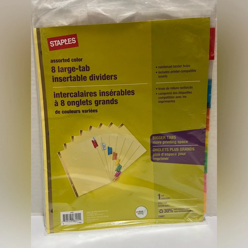 Staples Assorted Color 8 Large Tab Insertable Dividers Lot of 4 Packs (56 Total)
